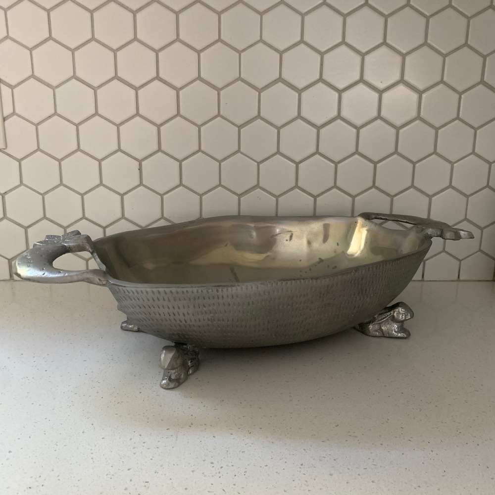 Arthur Court Pewter Rabbit Footed Serving Bowl Carrot Handles 18.5 Inch Easter